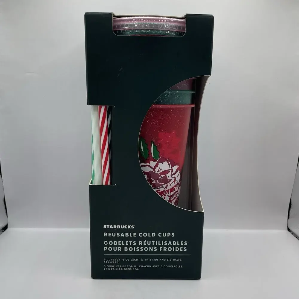 NEW Starbucks‎ Holiday 2022 Glitter Floral Reusable Cold Cups 5 Pack Venti 24oz